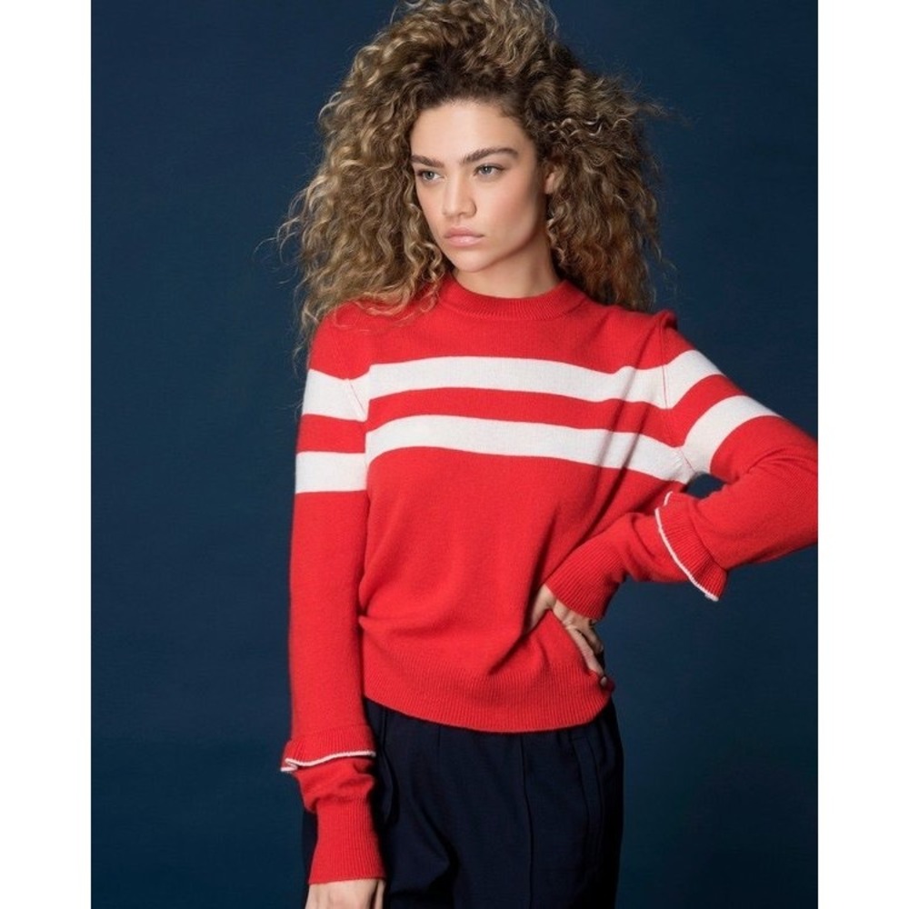27 Miles Varsity Stripe Cashmere Levitt Sweater Womens S Red White Ruffle‎ $242